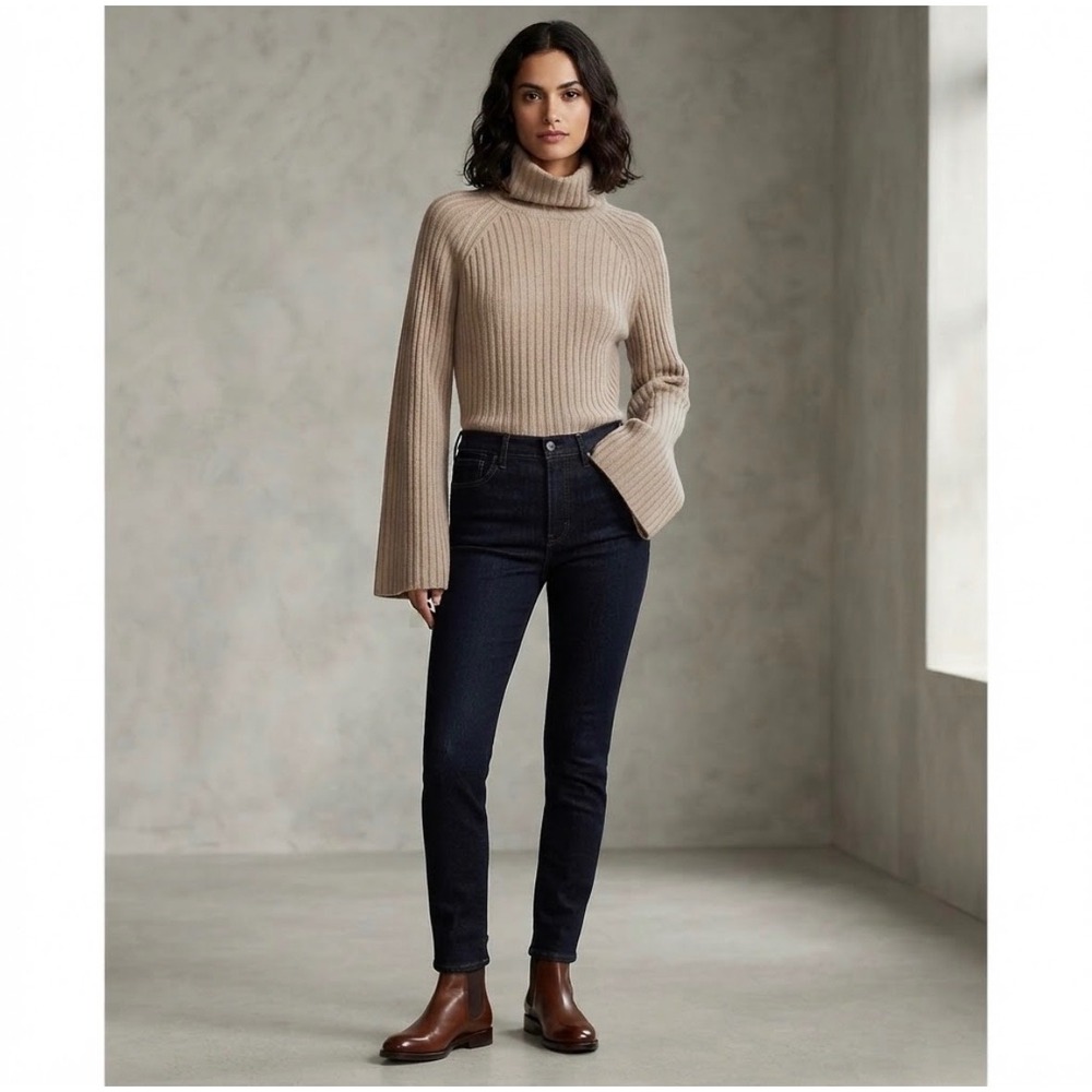 Banana Republic Turtleneck Sweater Womens M Sand Beige Cashmere Ribbed Raglan